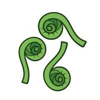 Three fiddleheads vegetable vector icon green colored illustration isolated on square white background. Simple flat cartoon vegetable healthy natural food ingredients drawing.