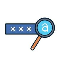 Revealed password with stars and magnifying glass colored vector icon outlined isolated on square white background. Simple flat cartoon art styled drawing with cyber internet security.