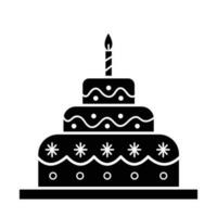 Three layered birthday cake with one candle and icing vector icon black silhouette outline isolated on square white background. Simple flat minimalist outlined drawing with birthday party celebration.