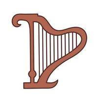 One single brown colored harp musical instrument vector icon outlined illustration isolated on square white background. Simple flat minimalist musical instruments items drawing.