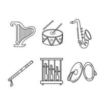 Musical instrument equipment vector icon set outlined collection isolated on square white background. Simple flat minimalist musical instruments items drawing.