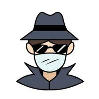 Incognito or anonymous person wearing dark gray hat and coat with black sunglasses colored vector icon outlined isolated on square white background. Simple flat cartoon art styled drawing.