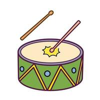 Playing beaten one single green and yellow drum with two sticks colored vector icon illustration isolated on square white background. Simple flat minimalist musical instruments items drawing.