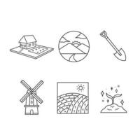 Farming or village countryside themed vector icon set collection outline isolated on square white background. Simple flat minimalist outlined drawing with farming theme.