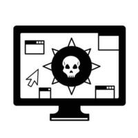 Dangerous computer virus or bomb with skull and pop up windows vector icon outline isolated on square white background. Simple flat cartoon art styled drawing with cyber internet security.