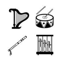 Musical instrument equipment black silhouette vector icon set outlined collection isolated on square white background. Simple flat minimalist musical instruments items drawing.