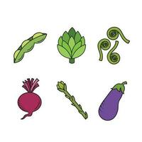 Vegetable vector icon set colored outlined illustration isolated on square white background. Simple flat cartoon vegetable healthy natural food ingredients drawing.