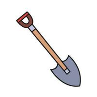 One single shovel with wooden handle collored vector icon outlined isolated on square white background. Simple flat minimalist outlined drawing with farming theme.