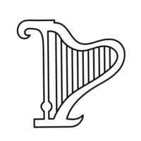 One single harp musical instrument vector icon outlined illustration isolated on square white background. Simple flat minimalist musical instruments items drawing.