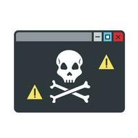 Dangerous website with skull and yellow warning exlamation mark sign colored vector icon isolated on square white background. Simple flat cartoon art styled drawing with cyber internet security.