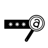 Revealed password with stars and magnifying glass vector icon black silhouette outline isolated on square white background. Simple flat cartoon art styled drawing with cyber internet security.