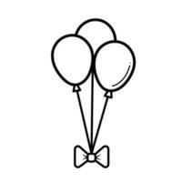 Three balloons with bow vector icon black outlined isolated on square white background. Simple flat minimalist outlined drawing with birthday party celebration theme.