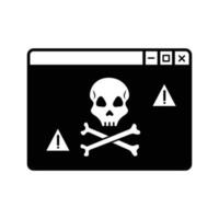 Dangerous website with skull and warning exlamation mark sign dark mode vector icon isolated on square white background. Simple flat cartoon art styled drawing with cyber internet security.