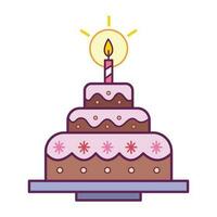 Three chocolate layered birthday cake with one red candle and strawberry icing full colored vector icon outlined isolated on square white background. Simple flat minimalist outlined drawing.