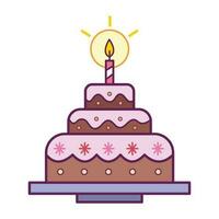 Three chocolate layered birthday cake with one red candle and strawberry icing full colored vector icon outlined isolated on square white background. Simple flat minimalist outlined drawing.