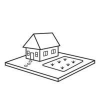 Small house on village or country side with small garden vector icon outline isolated on square white background. Simple flat minimalist outlined drawing with farming theme.