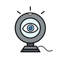 Dark Gray webcam with eye no privacy themed colored vector icon outlined isolated on square white background. Simple flat cartoon art styled drawing with cyber internet security.