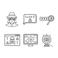 Hacker or web security themed vector icon set collection outline isolated on square white background. Simple flat cartoon art styled drawing with cyber internet security.