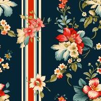 sin costura modelo con flores, clásico país cabaña estilo floral y rayas impresión para fondo de pantalla, tela y producto diseño, generativo ai foto