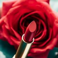 Red lipstick in a golden tube and blooming rose flower, beauty cosmetic and make-up product, generative ai photo