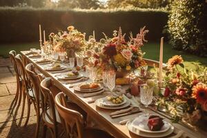 Autumn table scape, autumnal dinner table setting, holiday tablescape for wedding, birthday or party event celebration, photo