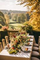 Autumn table scape, autumnal dinner table setting, holiday tablescape for wedding, birthday or party event celebration, photo
