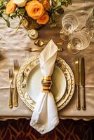 Elegant dinner table setting arrangement in English country style as flatlay tablescape, folded napkin on a serving plate, tableware and holiday table decor, generative ai photo