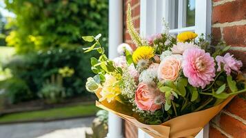 Flower shop delivery and holiday gift postal service, beautiful bouquet of flowers on a house doorstep in the countryside, generative ai photo