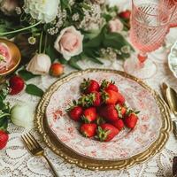 Country tablescape, formal dinner table setting, table scape with strawberry decoration for wedding party and holiday event celebration, generative ai photo