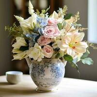 Beautiful bouquet of fresh flowers in a vintage vase, country style home decor and interior design, generative ai photo