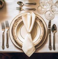 Elegant dinner table setting arrangement in English country style as flatlay tablescape, folded napkin on a serving plate, tableware and holiday table decor, generative ai photo