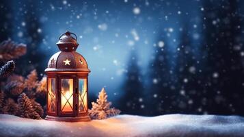 Vintage Christmas lantern on snow as magic night winter holiday background, Merry Christmas and Happy Holidays wishes, photo