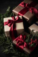 clásico Navidad regalos y fiesta regalos, envuelto regalo cajas debajo Navidad árbol, boxeo día y Días festivos compras, generativo ai foto