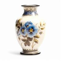 Antique vintage ceramic vase with floral print isolated on white background, country style home decor and interior design, photo