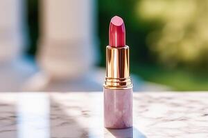 Luxurious pink lipstick in golden tube on marble, beauty cosmetic and luxury make-up product, generative ai photo