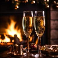 Champagne in front of a fireplace on a holiday eve celebration, Merry Christmas, Happy New Year and Happy Holidays wishes, photo