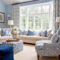 Interior design, living room decor and house improvement, furniture, sofa, home decor, white and blue textiles, country cottage lounge style, photo