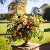 Country life, garden flowers and floral decor, autumnal flower bouquet in vase, country cottage style, photo