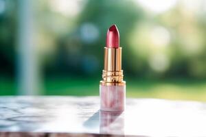 Luxurious pink lipstick in golden tube on marble, beauty cosmetic and luxury make-up product, generative ai photo