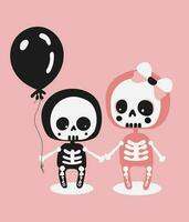 Vector illustration of little girl and boy skeletons with black balloon. Halloween characters on a pink background. For package, sticker or card design.