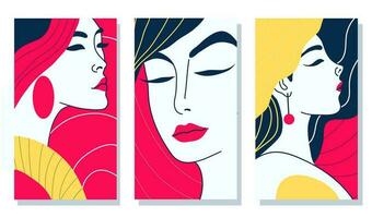 vector set of portraits of girls in abstract minimalist style. portraits of women drawn in minimalism with simple shapes for interior design or web design