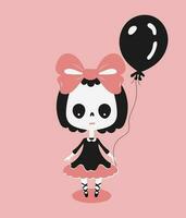 Vector illustration of girl skeleton with black balloon. Character for Halloween, girl in a dress. For the design of a package, sticker or card.