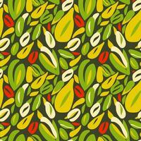 Seamless plant pattern. Seamless vector abstract plants and leaves in yellow and green with red accents and simple shapes. Plant print for textiles or packaging.