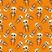 Seamless skeletons pattern in different angles on orange background. vector