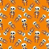 Seamless skeletons pattern in different angles on orange background. vector