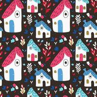 Seamless pattern of fabulous forest houses with flowers and leaves on dark background. Beautiful baby seamless pattern for fabric print, wallpaper or packaging. vector