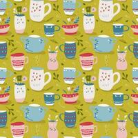 Seamless cup and vase crockery pattern on green background. Seamless kitchenware vector for textile print or packaging in bright joyful hues