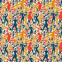 Seamless pattern with abstract people and plant leaves. Seamless vector with orange, pink and blue leaves and colored folk style people with simple shapes for packaging or textile print.