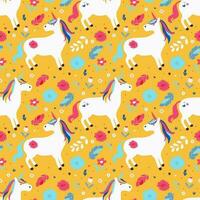 Seamless pattern with unicorns and flowers. Seamless vector with colorful fairy unicorns and flowers on yellow background for fabric print or packaging