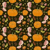 Seamless pattern with pumpkins and plants. Vector pattern with orange pumpkins and pink flowers on a dark brown background in the style of Scandinavian folk, rustic motifs. Rustic print with fall